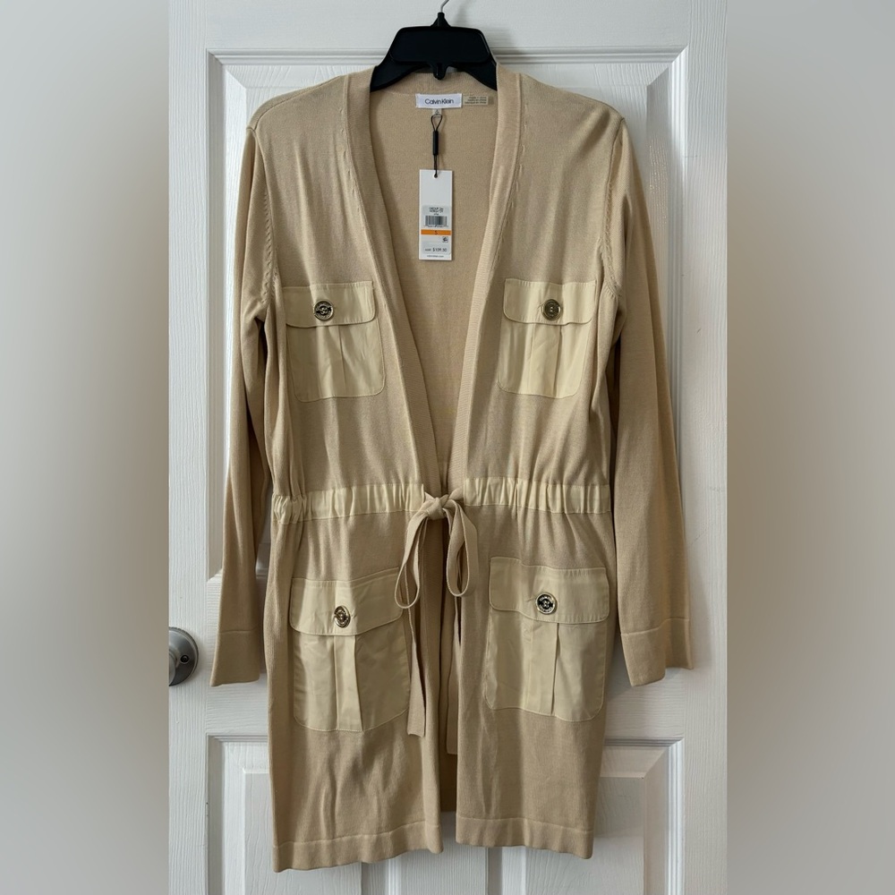 NWT Calvin Klein Tan Belted Knit Cardigan: Sz Small